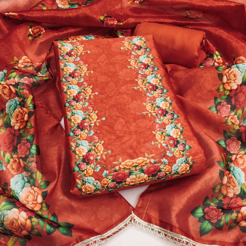 Women's rust digital print jharna silk dress material