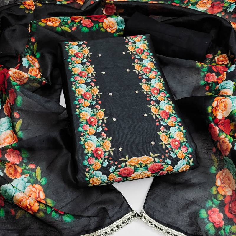 Women's black digital print jharna silk dress material