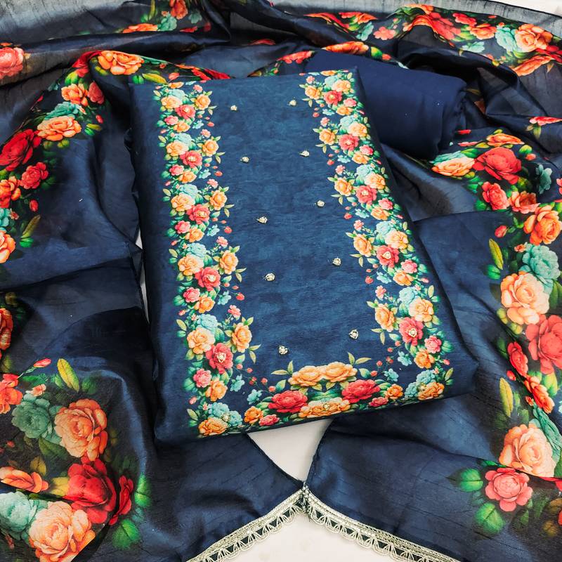 Women's blue digital print jharna silk dress material