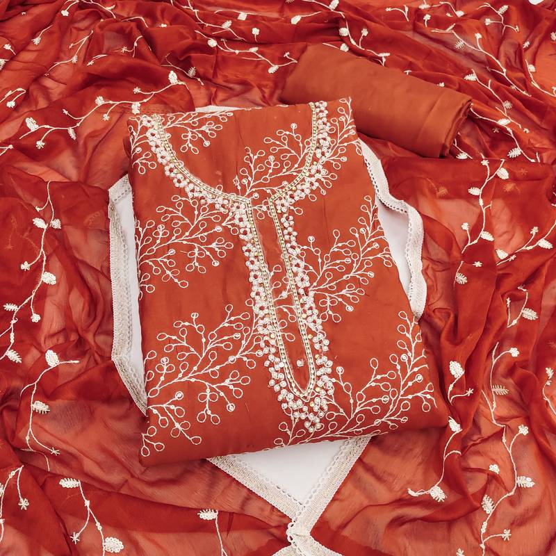 Women's rust embroidery p v cotton dress material