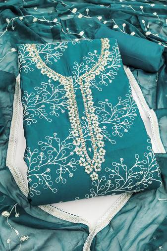 Women's dusty blue embroidery p v cotton dress material