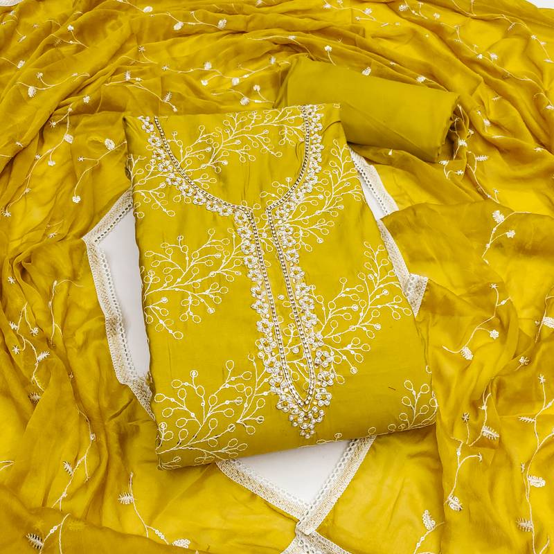 Women's green embroidery p v cotton dress material