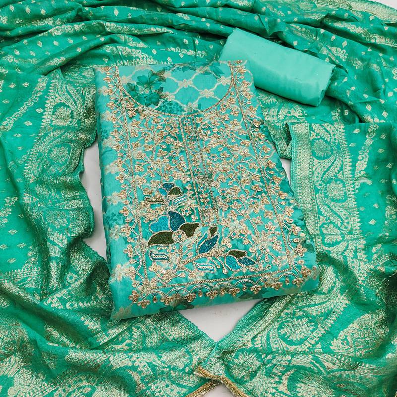 Women's green digital print cotton silk dress material