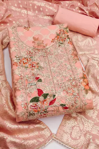 Women's peach digital print cotton silk dress material