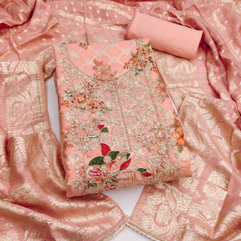 Women's peach digital print cotton silk dress material