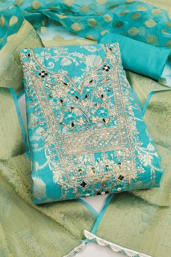 Women's sea green woven cotton silk dress material