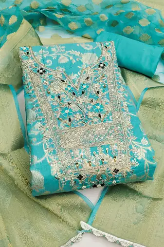 Women's sea green woven cotton silk dress material