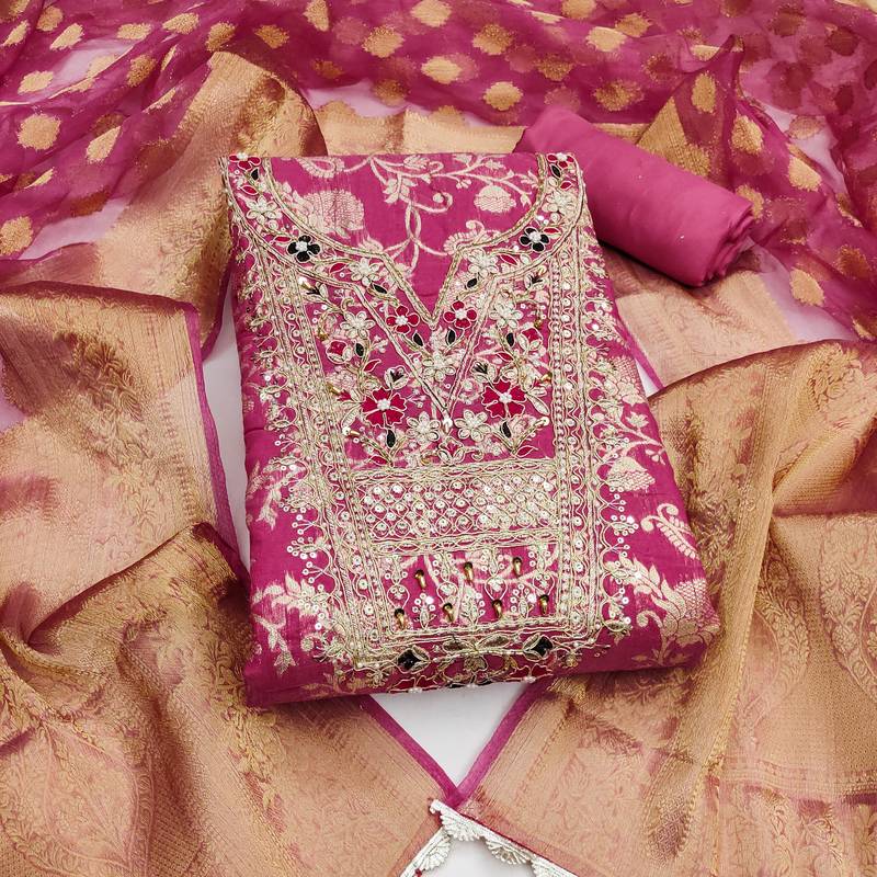 Women's pink woven cotton silk dress material