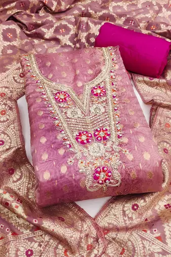 Women's pink woven organja banarasi dress material