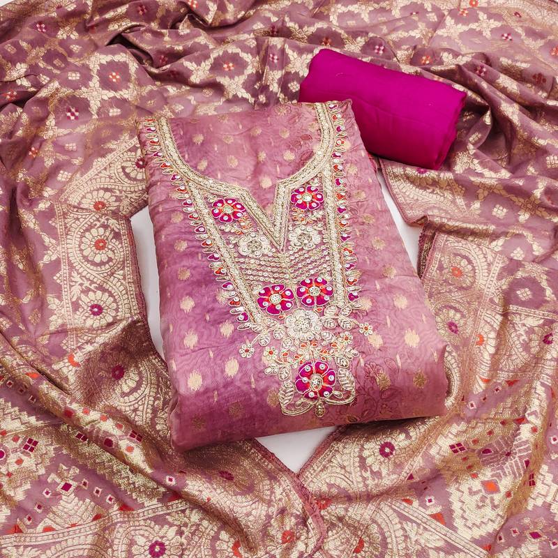 Women's pink woven organja banarasi dress material