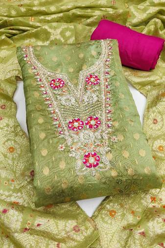 Women's green woven emblishment banarasi dress material