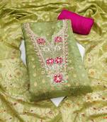 Women's green woven emblishment banarasi dress material