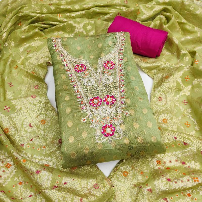 Women's green woven emblishment banarasi dress material