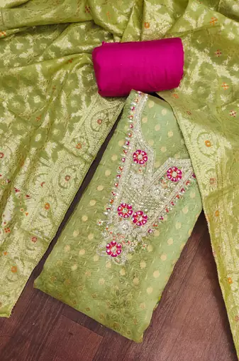  green woven emblishment banarasi dress material