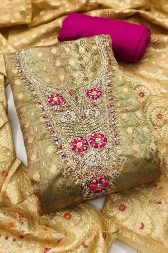 Women's brown woven digital banarasi dress material