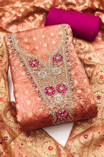 Women's peach woven digital banarasi dress material