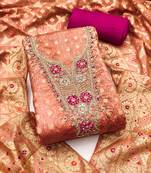 Women's peach woven digital banarasi dress material