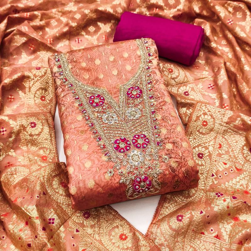 Women's peach woven digital banarasi dress material
