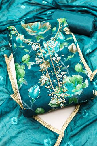 Women's teal blue digital print cotton dress material