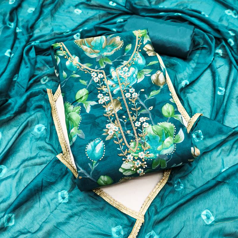 Women's teal blue digital print cotton dress material