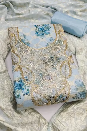 Women's blue woven digital cotton silk dress material