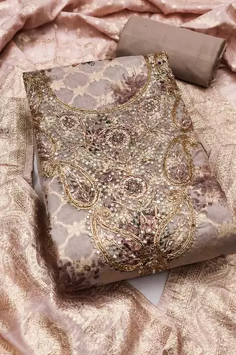 Women's grey woven digital cotton silk dress material