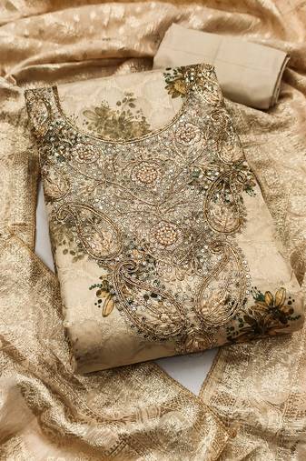 Women's beige woven digital cotton silk dress material