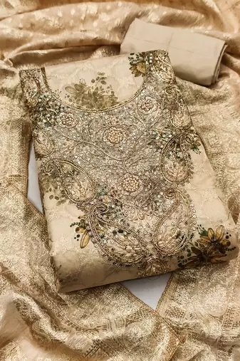 Women's beige woven digital cotton silk dress material