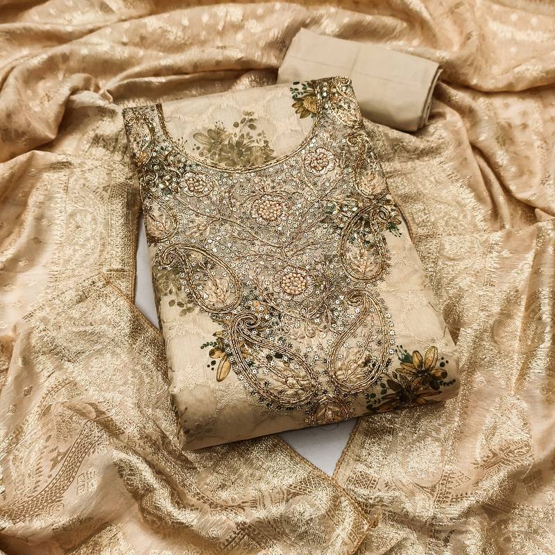 Women's beige woven digital cotton silk dress material