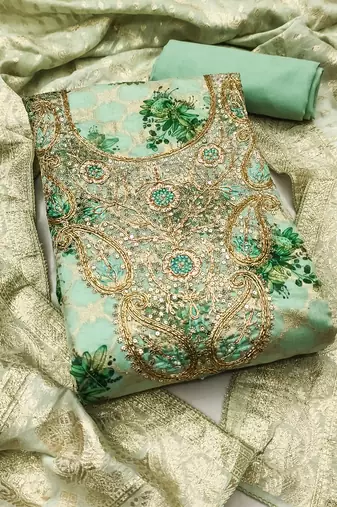 Women's green woven digital cotton silk dress material