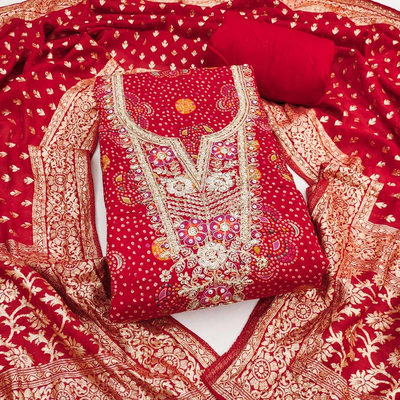 Women's red digital print cotton dress material