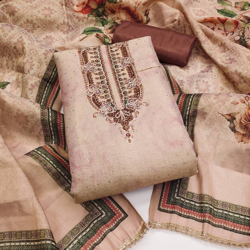 Women's daimond embroidery cotton silk dress material