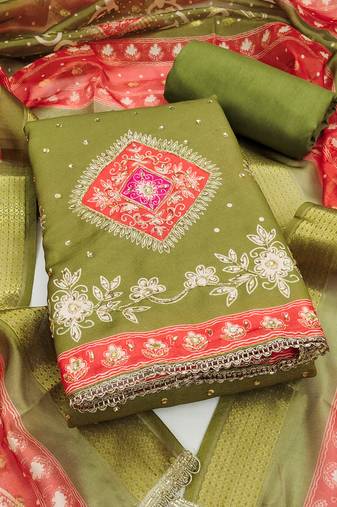 Women's green daimond embroidery rayon dress material