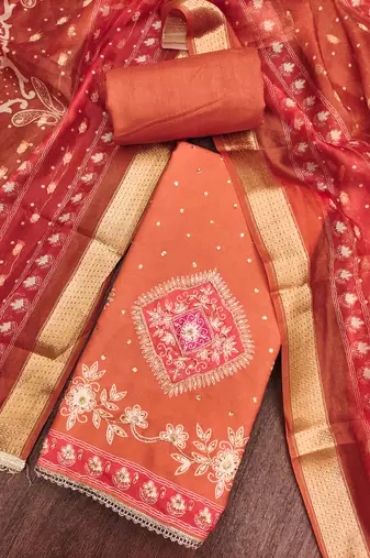  rust daimond embroidery rayon dress material