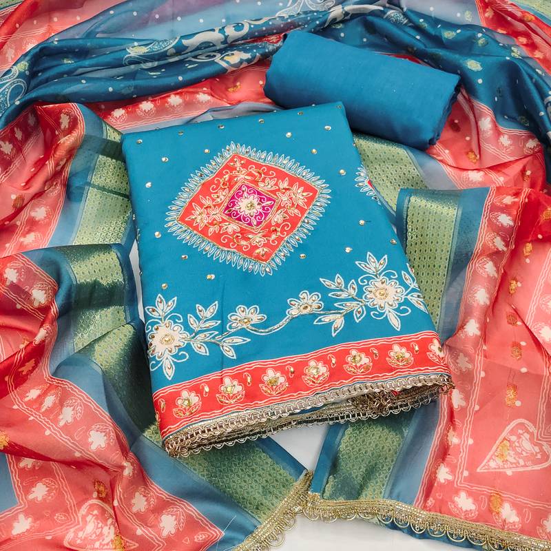 Women's blue daimond embroidery rayon dress material