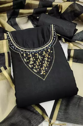 Women's black hand work chanderi dress material