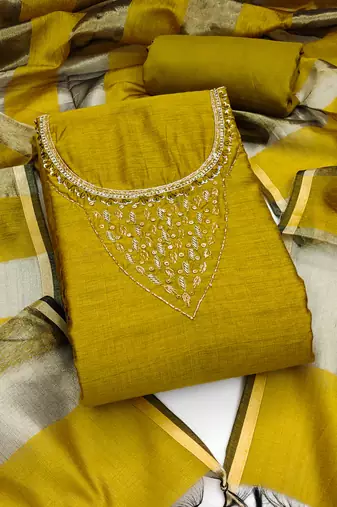 Women's mehandi hand work chanderi dress material