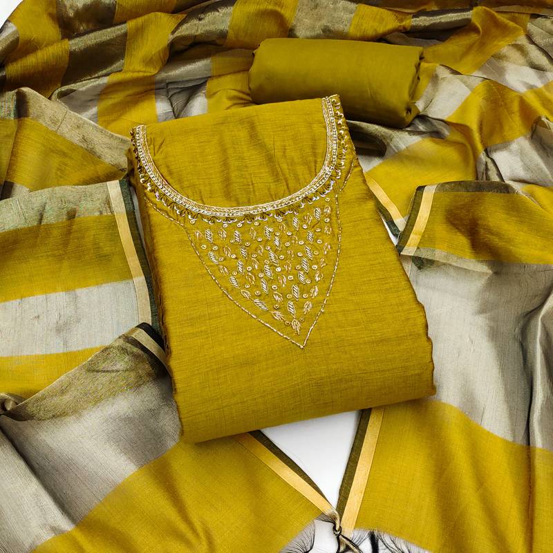 Women's mehandi hand work chanderi dress material