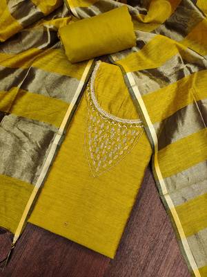  mehandi hand work chanderi dress material 4
