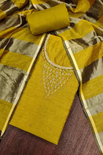  mehandi hand work chanderi dress material