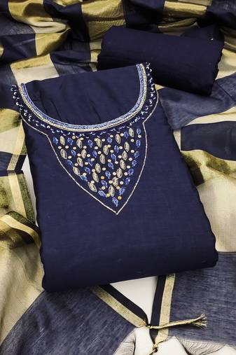 Women's blue hand work chanderi jacquard dress material