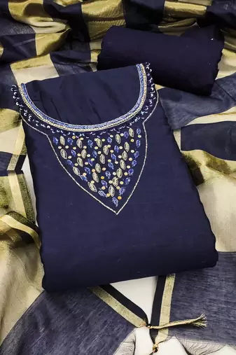 Women's blue hand work chanderi jacquard dress material