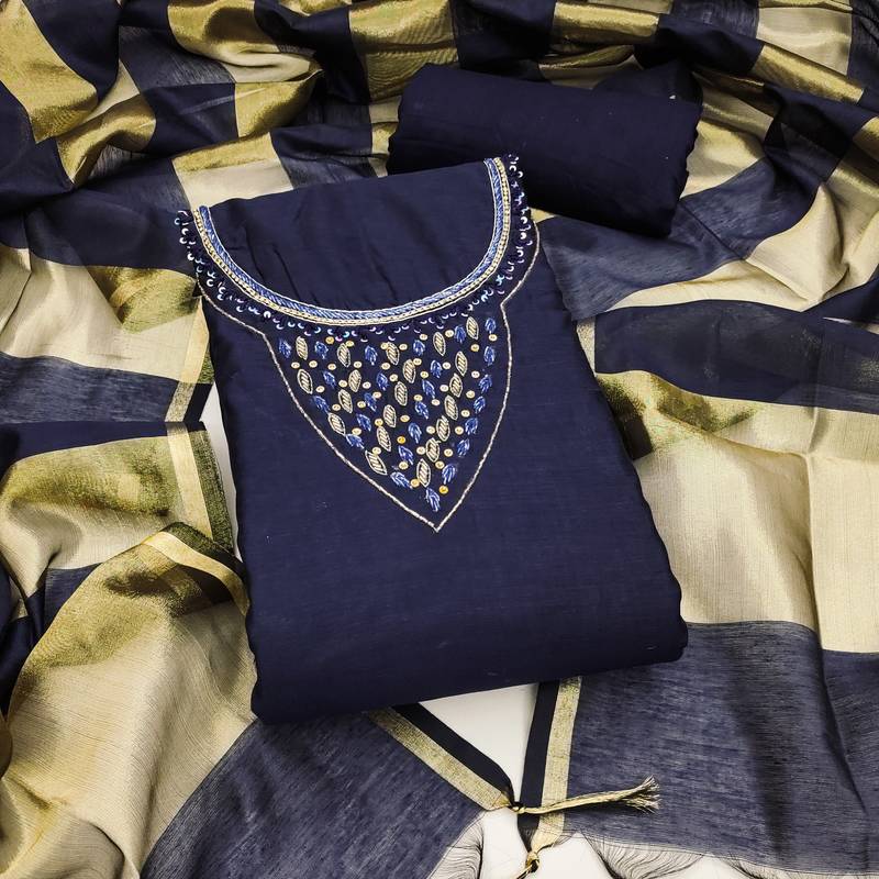 Women's blue hand work chanderi jacquard dress material