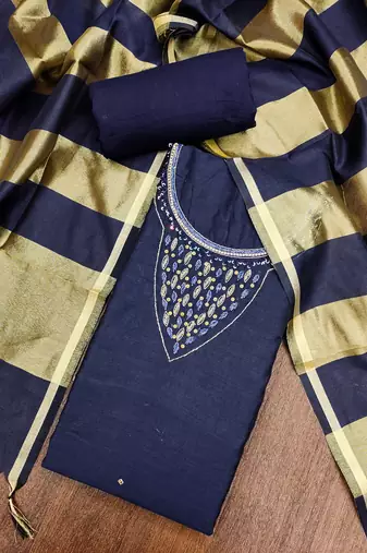  blue hand work chanderi jacquard dress material