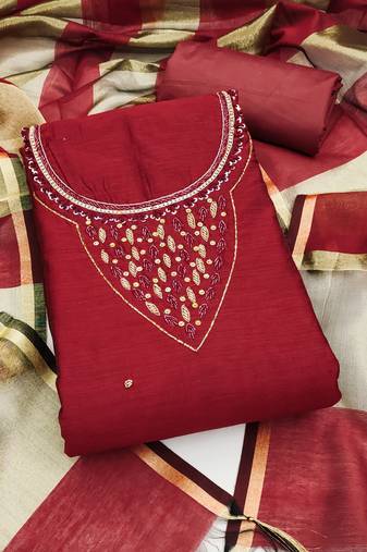 Women's maroon hand work chanderi dress material