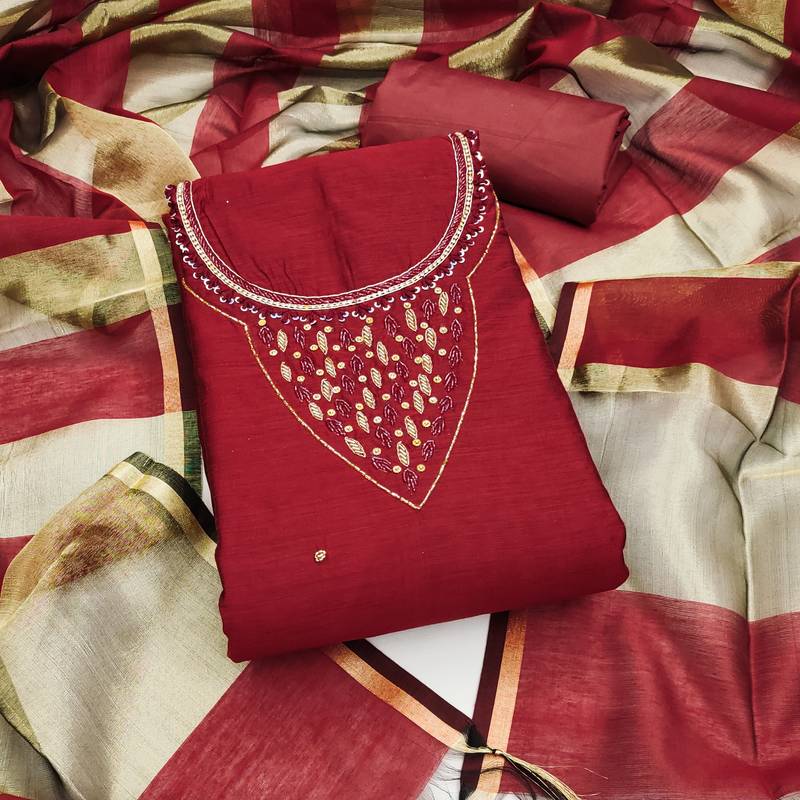 Women's maroon hand work chanderi dress material