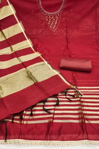  maroon hand work chanderi dress material
