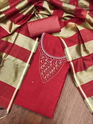  maroon hand work chanderi dress material 4