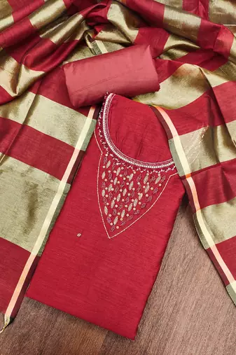  maroon hand work chanderi dress material