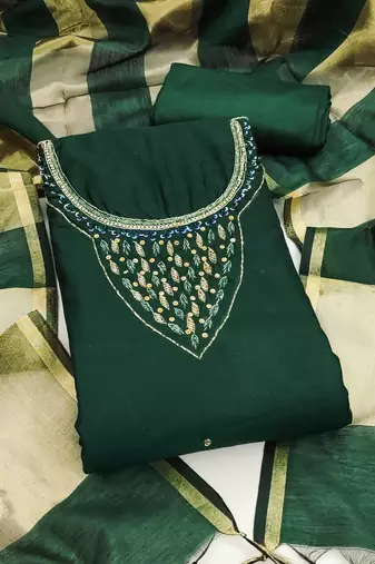 Women's green hand work chanderi dress material